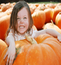 Little girl with giant, prize winning pumpkin from Keil's Produce & Greenhouse in Swanton, Ohio